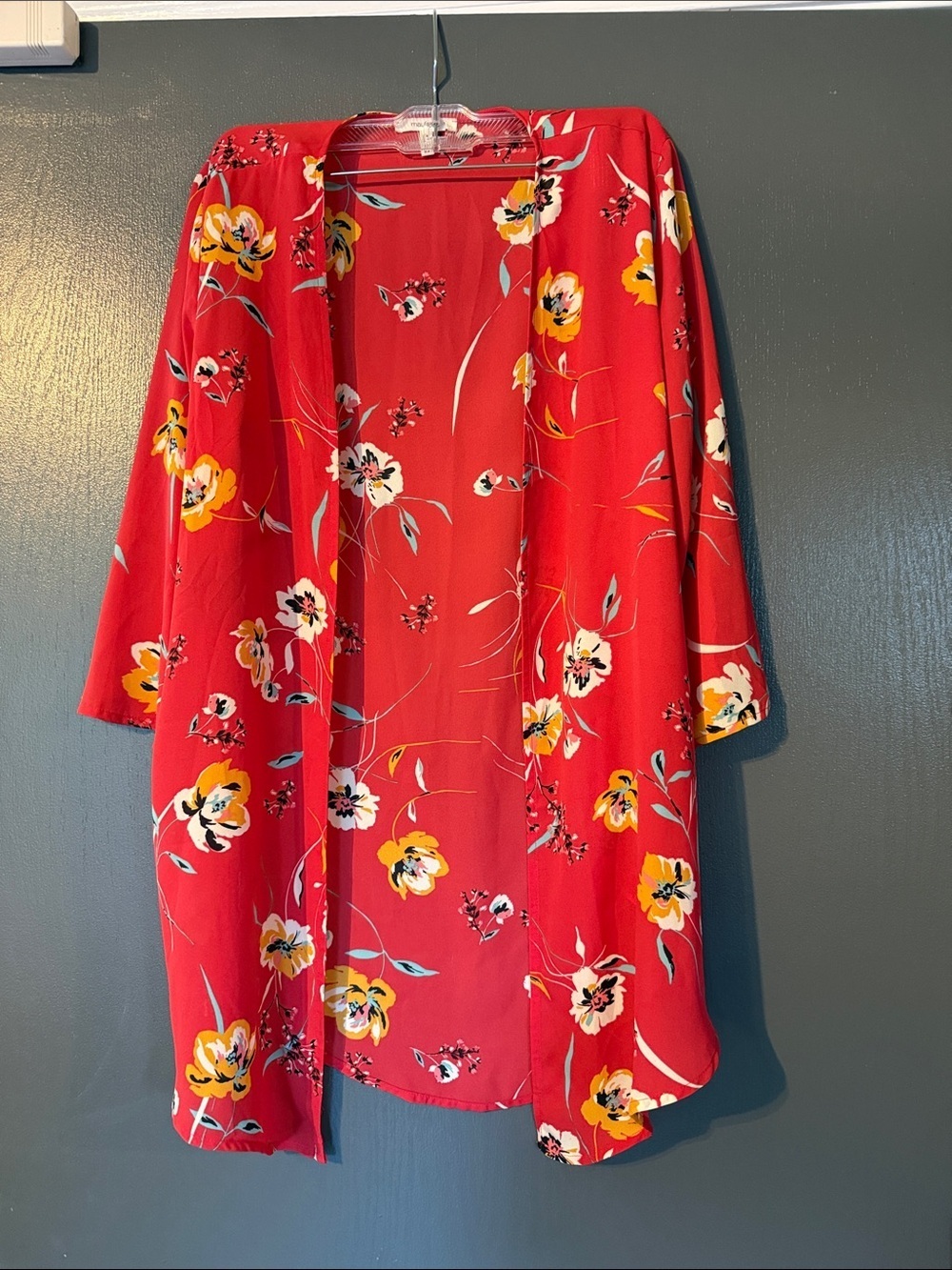 Maurices Red Floral Kimono Open-Front Top
